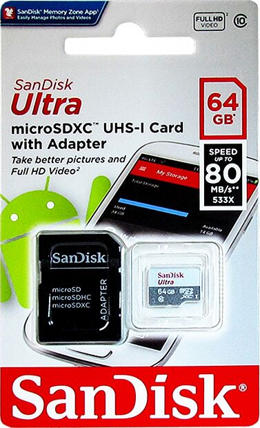 Карта памяти microSD 64GB SanDisk microSDXC Class 10 Ultra UHS-I 100MB/s (SDSQUNR-064G-GN3MN) RU - 2